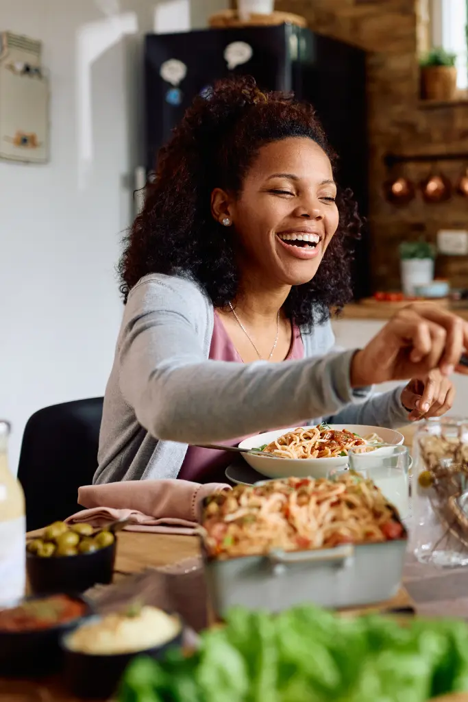 happy woman eating food