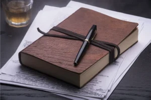 a leather bound journal with a pen on top
