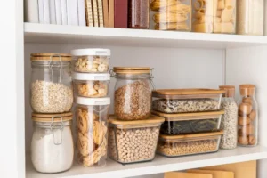 stackable food containers in a pantry