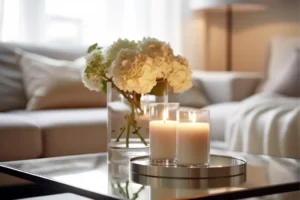 candles and flowers in a living room