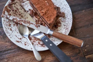 a plate with leftover chocolate cake